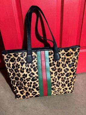 Parker & Hyde Leopard Print Tote Bag with Green and Red Stripe